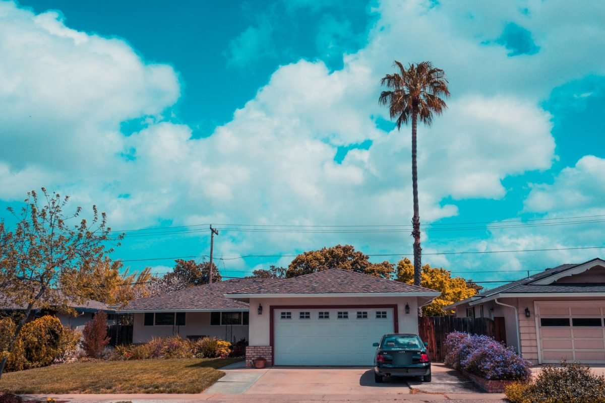 A single-story home with a shingle roof, a garage and a tall palm
